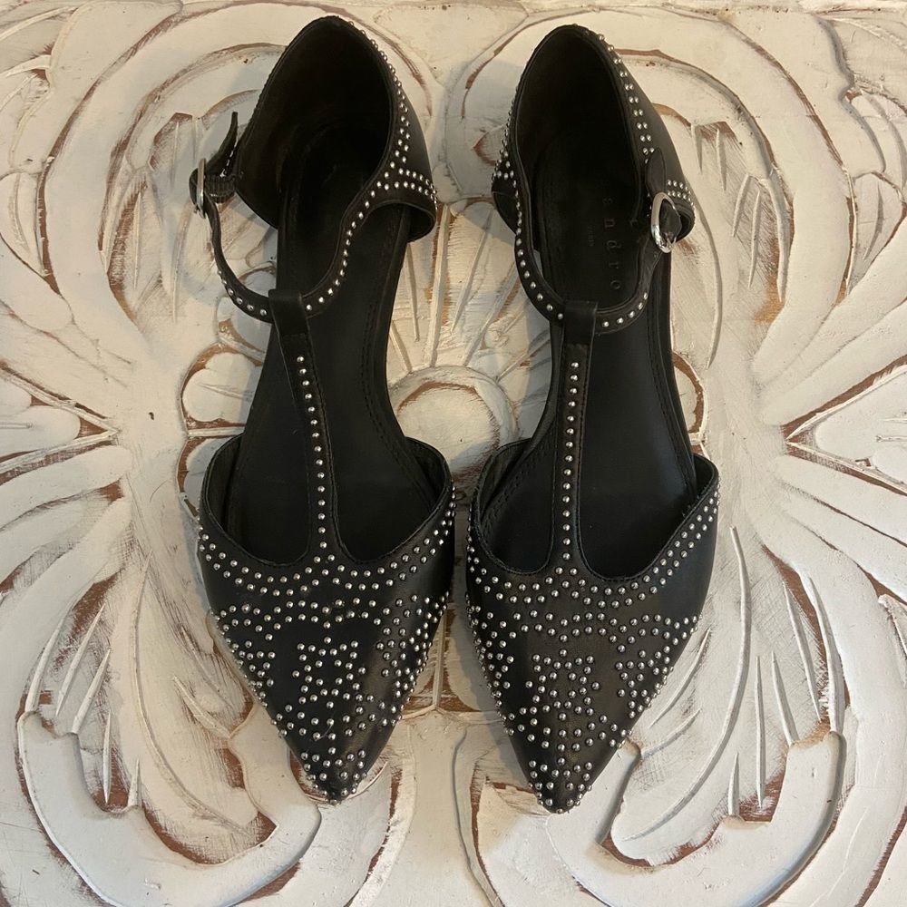 Sandro Astree Leather Studded T-Bar Flats 38